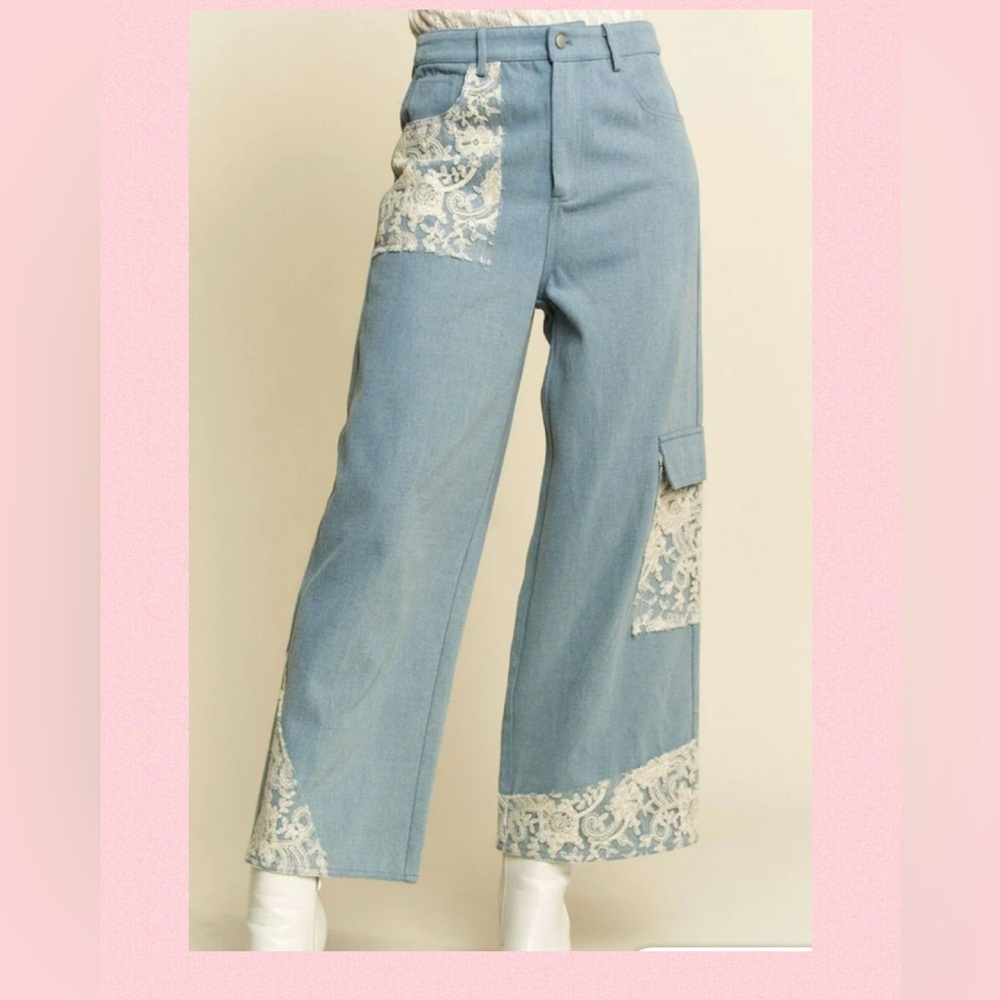 💖Davi & Dani Lace Appliqué Wide Leg Jeans